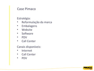 Case Pimaco Estratégia: Reformulação da marca Embalagens Website Software PDV Call Center Canais disponíveis: Internet Call Center PDV 