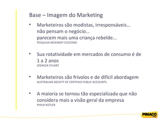Base – Imagem do Marketing Marketeiros são modistas, irresponsáveis... não pensam o negócio... parecem mais uma criança rebelde... PESQUISA MCKINSEY CEO/CMO Sua rotatividade em mercados de consumo é de 1 a 2 anos SPENCER STUART Marketeiros são frívolos e de difícil abordagem AUSTRALIAN SOCIETY OF CERTIFIED PUBLIC ACCOUNTS A maioria se tornou tão especializada que não considera mais a visão geral da empresa PHILIP KOTLER 