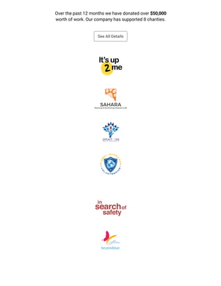 Over the past 12 months we have donated over $50,000
worth of work. Our company has supported 8 charities.
See All Details
 