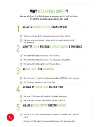WhyMarketing Sweet?
We are a full-service digital agency, meaning we do it all in-house.
We are the marketing experts you can trust.
Weareacustomerservicedrivencompany
We have a honest & direct approach when providing advice.
We have an amazing team culture which is friendly, supportive &
collaborative.
Weofferadvicebasedonresearch,evidence& experience
We take the time to understand your business.
We take the time to understand your industry & competitors.
We take our time to explain everything in detail.
Wegivebacktothecommunity
Over the past 12 months we have donated over $50,000 worth of work.
Our Company has supported 9 charities.
Wehaveanundisputabletrackrecord
We have 225 reviews on Google & Facebook & growing.
We have over 20 video testimonials for you to watch.
Wearealocal company working globally
Visit us at our North Adelaide oﬃce or meet us on video chat - we don’t
mind.
We have 20+ friendly & Professional in-house staff & growing fast.
 