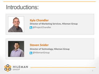 Introductions:
2
Steven Snider
Director of Technology, Hileman Group
@HilemanGroup
Kyle Chandler
Director of Marketing Services, Hileman Group
@ProjectChandler
 