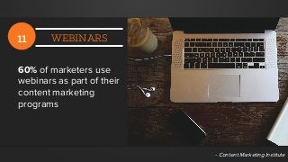 11 WEBINARS
60% of marketers use
webinars as part of their
content marketing
programs
- Content Marketing Institute
 