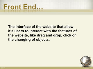 The interface of the website that allow
it’s users to interact with the features of
the website, like drag and drop, click or
the changing of objects.
 