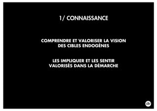 1/ CONNAISSANCE
COMPRENDRE ET VALORISER LA VISION
DES CIBLES ENDOGÈNES
LES IMPLIQUER ET LES SENTIR
VALORISÉS DANS LA DÉMARCHE
 