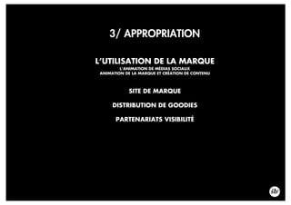 3/ APPROPRIATION
L’UTILISATION DE LA MARQUE
L’ANIMATION DE MÉDIAS SOCIAUX
ANIMATION DE LA MARQUE ET CRÉATION DE CONTENU
SITE DE MARQUE
DISTRIBUTION DE GOODIES
PARTENARIATS VISIBILITÉ
 