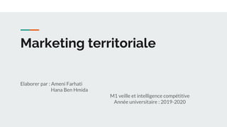 Marketing territoriale
Elaborer par : Ameni Farhati
Hana Ben Hmida
M1 veille et intelligence compétitive
Année universitaire : 2019-2020
 