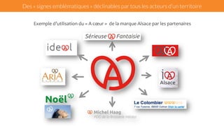 Des « signes emblématiques » déclinables par tous les acteurs d’un territoire 
Exemple 
d’utilisation 
du 
« 
A 
coeur 
» 
de 
la 
marque 
Alsace 
par 
les 
partenaires 
!"#$%&'( 
)*+,-."/ 
0,1( 
!"#$%$&'(")*%+*,("$-%"./$"0&'1$"%'2/3.*,,$" 
24$1"./$"1'&*--2/1$",$/%$"52*-"'67.,*8'$" 
-.'"./"52'196"$/"'67'$--*&/")$:.*-"3.*/;$"2/-<" 
=>$-%"?2(",2"'6.--*%$"*)$2,-21$"! 
!"#$%&'())*' 
!"#$%&$'($)*(++&*,&$-./.0* 
 