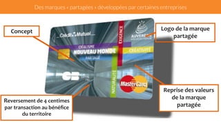 Des marques « partagées » développées par certaines entreprises 
Logo 
de 
la 
marque 
partagée 
Reprise 
des 
valeurs 
de 
la 
marque 
partagée 
Concept 
Reversement 
de 
4 
centimes 
par 
transaction 
au 
bénéfice 
du 
territoire 
 