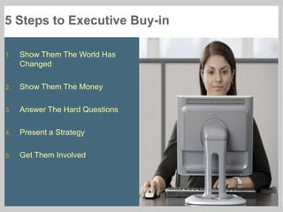 5 Steps to Executive Buy-in

1.        Show Them The World Has
          Changed

2.        Show Them The Money

3.       ...