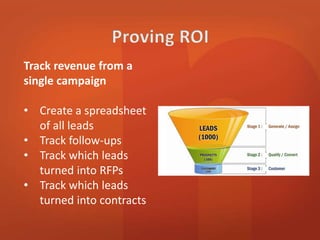 Track revenue from a 
single campaign 
• Create a spreadsheet 
of all leads 
• Track follow-ups 
• Track which leads 
turned into RFPs 
• Track which leads 
turned into contracts 
 
