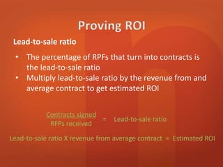 Lead-to-sale ratio 
• The percentage of RPFs that turn into contracts is 
the lead-to-sale ratio 
• Multiply lead-to-sale ratio by the revenue from and 
average contract to get estimated ROI 
Contracts signed 
RFPs received 
= Lead-to-sale ratio 
Lead-to-sale ratio X revenue from average contract = Estimated ROI 
 