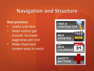 Best practices 
• Useful and clear 
• Helps visitors get 
around, increases 
pageviews per visit 
• Make important 
content easy to reach 
 