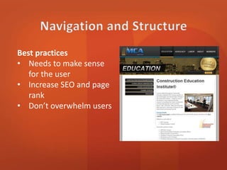 Best practices 
• Needs to make sense 
for the user 
• Increase SEO and page 
rank 
• Don’t overwhelm users 
 