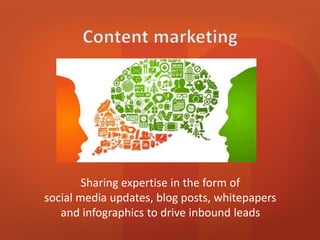 Sharing expertise in the form of 
social media updates, blog posts, whitepapers 
and infographics to drive inbound leads 
 