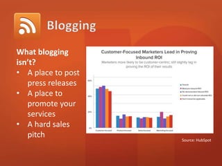 What blogging 
isn’t? 
• A place to post 
press releases 
• A place to 
promote your 
services 
• A hard sales 
pitch 
Source: HubSpot 
 