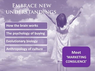 How the brain works

The psychology of buying

Evolutionary biology

Anthropology of culture
                              Meet
                           ‘MARKETING
                           CONSILIENCE’
 