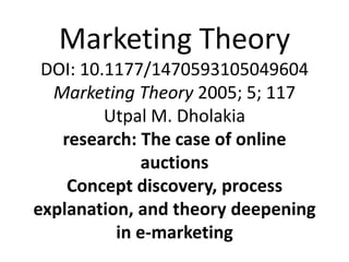 Marketing Theory
 DOI: 10.1177/1470593105049604
  Marketing Theory 2005; 5; 117
         Utpal M. Dholakia
   research: The case of online
             auctions
    Concept discovery, process
explanation, and theory deepening
          in e-marketing
 