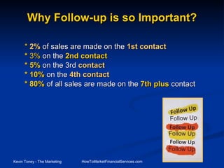 Why Follow-up is so Important? *  2%  of sales are made on the  1st contact *  3%  on the  2nd contact * 5%  on the 3rd  contact * 10%  on the  4th contact * 80%  of all sales are made on the  7th plus  contact 