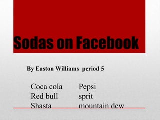 Sodas on Facebook
Coca cola Pepsi
Red bull sprit
Shasta mountain dew
By Easton Williams period 5
 