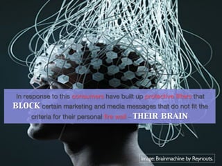 In response to this consumers have built up protective ﬁlters that
block certain marketing and media messages that do not ﬁt the
   criteria for their personal ﬁre wall – their brain.	

 