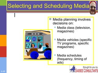 1-15
Selecting and Scheduling MediaSelecting and Scheduling Media
 Media planning involves
decisions on:
 Media class (television,
magazines)
 Media vehicles (specific
TV programs, specific
magazines)
 Media schedules
(frequency, timing of
ads)
 