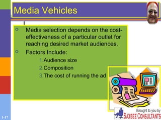 1-17
Media VehiclesMedia Vehicles
 Media selection depends on the cost-
effectiveness of a particular outlet for
reaching desired market audiences.
 Factors Include:
1.Audience size
2.Composition
3.The cost of running the ad
 