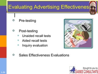 1-20
Evaluating Advertising EffectivenessEvaluating Advertising Effectiveness
 Pre-testing
 Post-testing
 Unaided recall tests
 Aided recall tests
 Inquiry evaluation
 Sales Effectiveness Evaluations
 