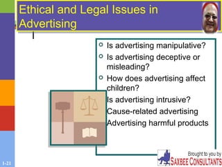 1-21
Ethical and Legal Issues in
Advertising
Ethical and Legal Issues in
Advertising
 Is advertising manipulative?
 Is advertising deceptive or
misleading?
 How does advertising affect
children?
 Is advertising intrusive?
 Cause-related advertising
 Advertising harmful products
 Is advertising manipulative?
 Is advertising deceptive or
misleading?
 How does advertising affect
children?
 Is advertising intrusive?
 Cause-related advertising
 Advertising harmful products
 
