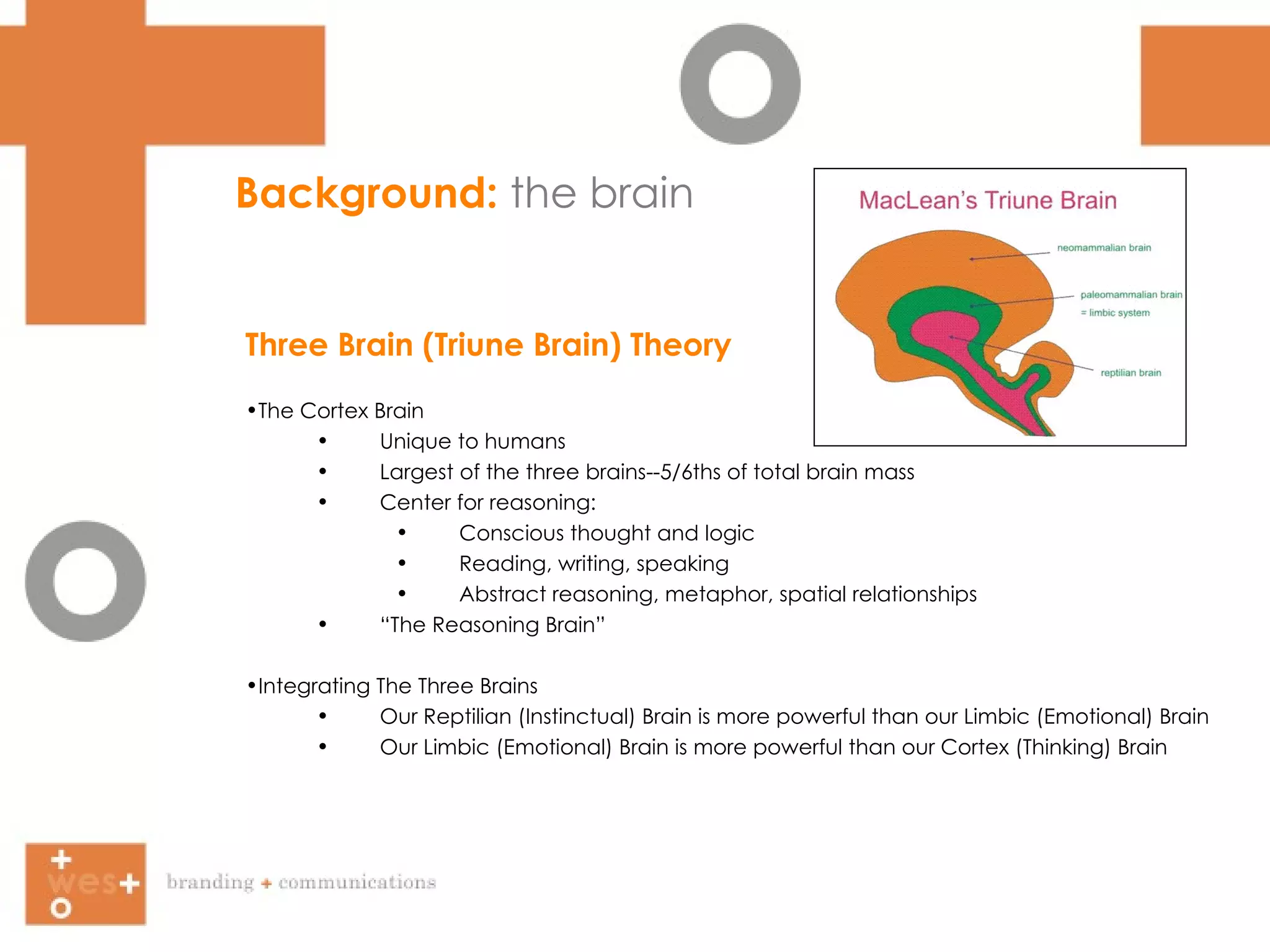 Background:  the brain Three Brain (Triune Brain) Theory The Cortex Brain Unique to humans Largest of the three brains--5/6ths of total brain mass Center for reasoning: Conscious thought and logic Reading, writing, speaking Abstract reasoning, metaphor, spatial relationships “ The Reasoning Brain” Integrating The Three Brains Our Reptilian (Instinctual) Brain is more powerful than our Limbic (Emotional) Brain Our Limbic (Emotional) Brain is more powerful than our Cortex (Thinking) Brain 