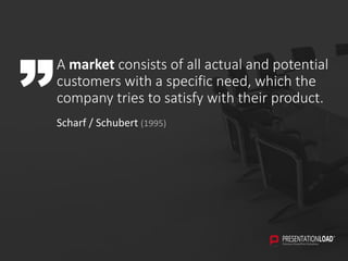 DEFINITION MARKETING
A market consists of all actual and potential
customers with a specific need, which the
company tries to satisfy with their product.
Scharf / Schubert (1995)
 