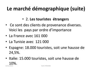 Le marché démographique (suite)
• 2. Les touristes étrangers
• Ce sont des clients de provenance diverses.
Voici les pays par ordre d’importance
• La France avec 161 000
• La Tunisie avec 121 000
• Espagne: 18.000 touristes, soit une hausse de
24,5%.
• Italie: 15.000 touristes, soit une hausse de
10%.22/12/2014 Fethi-FERHANE
 