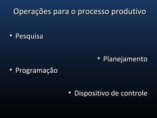 • PesquisaPesquisa
• PlanejamentoPlanejamento
• ProgramaçãoProgramação
• Dispositivo de controleDispositivo de controle
Operações para o processo produtivoOperações para o processo produtivo
 