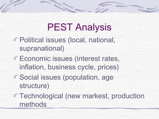 PEST Analysis
Political issues (local, national,
supranational)
Economic issues (interest rates,
inflation, business cycle, prices)
Social issues (population, age
structure)
Technological (new markest, production
methods
 