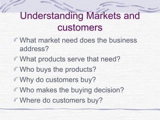Understanding Markets and
customers
What market need does the business
address?
What products serve that need?
Who buys the products?
Why do customers buy?
Who makes the buying decision?
Where do customers buy?
 