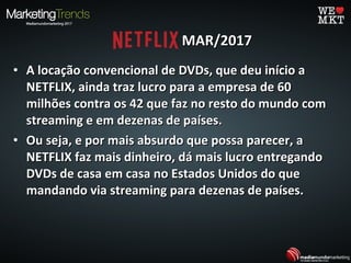 • A locação convencional de DVDs, que deu início aA locação convencional de DVDs, que deu início a
NETFLIX, ainda traz lucro para a empresa de 60NETFLIX, ainda traz lucro para a empresa de 60
milhões contra os 42 que faz no resto do mundo commilhões contra os 42 que faz no resto do mundo com
streaming e em dezenas de países.streaming e em dezenas de países.
• Ou seja, e por mais absurdo que possa parecer, aOu seja, e por mais absurdo que possa parecer, a
NETFLIX faz mais dinheiro, dá mais lucro entregandoNETFLIX faz mais dinheiro, dá mais lucro entregando
DVDs de casa em casa no Estados Unidos do queDVDs de casa em casa no Estados Unidos do que
mandando via streaming para dezenas de países.mandando via streaming para dezenas de países.
MAR/2017MAR/2017
 
