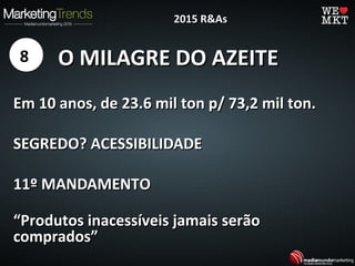 O MILAGRE DO AZEITEO MILAGRE DO AZEITE8
2015 R&As2015 R&As
Em 10 anos, de 23.6 mil ton p/ 73,2 mil ton.Em 10 anos, de 23.6 mil ton p/ 73,2 mil ton.
SEGREDO? ACESSIBILIDADESEGREDO? ACESSIBILIDADE
11º MANDAMENTO11º MANDAMENTO
““Produtos inacessíveis jamais serãoProdutos inacessíveis jamais serão
comprados”comprados”
 