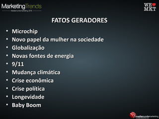 FATOS GERADORESFATOS GERADORES
• MicrochipMicrochip
• Novo papel da mulher na sociedadeNovo papel da mulher na sociedade
• GlobalizaçãoGlobalização
• Novas fontes de energiaNovas fontes de energia
• 9/119/11
• Mudança climáticaMudança climática
• Crise econômicaCrise econômica
• Crise políticaCrise política
• LongevidadeLongevidade
• Baby BoomBaby Boom
 