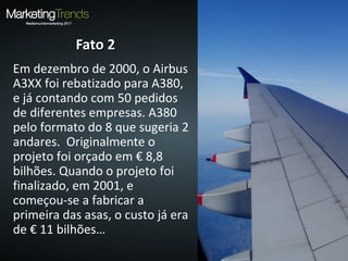 Fato 2Fato 2
Em dezembro de 2000, o Airbus
A3XX foi rebatizado para A380,
e já contando com 50 pedidos
de diferentes empresas. A380
pelo formato do 8 que sugeria 2
andares. Originalmente o
projeto foi orçado em € 8,8
bilhões. Quando o projeto foi
finalizado, em 2001, e
começou-se a fabricar a
primeira das asas, o custo já era
de € 11 bilhões…
 