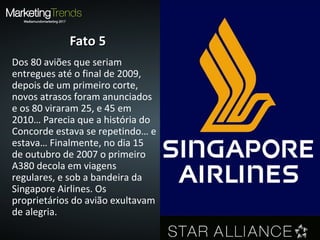 Fato 5Fato 5
Dos 80 aviões que seriam
entregues até o final de 2009,
depois de um primeiro corte,
novos atrasos foram anunciados
e os 80 viraram 25, e 45 em
2010… Parecia que a história do
Concorde estava se repetindo… e
estava… Finalmente, no dia 15
de outubro de 2007 o primeiro
A380 decola em viagens
regulares, e sob a bandeira da
Singapore Airlines. Os
proprietários do avião exultavam
de alegria.
 