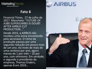 Fato 6Fato 6
Financial Times, 27 de julho de
2017. Manchete: “FUTURE OF
A380 SUPERJUMBO IS DOUBT
AFTER AIRBUS CUT
PRODUCTION…”.
Desde 2015, a AIRBUS não
recebeu uma única encomenda
pela aeronave. O ritmo da
produção passou por uma
segunda redução em pouco mais
de um ano. Ao invés de mais de
uma centena por ano, agora
menos de 1 por mês – 10 por
ano, com otimismo. Em verdade,
e segundo o presidente da
empresa, Thomas Enders,
apenas 8 em 2019…
 