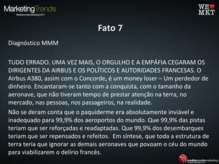 Fato 7Fato 7
Diagnóstico MMM
TUDO ERRADO. UMA VEZ MAIS, O ORGULHO E A EMPÁFIA CEGARAM OS
DIRIGENTES DA AIRBUS E OS POLÍTICOS E AUTORIDADES FRANCESAS. O
Airbus A380, assim com o Concorde, é um money loser – Um perdedor de
dinheiro. Encantaram-se tanto com a conquista, com o tamanho da
aeronave, que não tiveram tempo de prestar atenção na terra, no
mercado, nas pessoas, nos passageiros, na realidade.
Não se deram conta que o paquiderme era absolutamente inviável e
inadequado para 99,9% dos aeroportos do mundo. Que 99,9% das pistas
teriam que ser reforçadas e readaptadas. Que 99,9% dos desembarques
teriam que ser repensados e refeitos. Em síntese, que toda a estrutura de
terra teria que ignorar as demais aeronaves que povoam o céu do mundo
para viabilizarem o delírio francês.
 