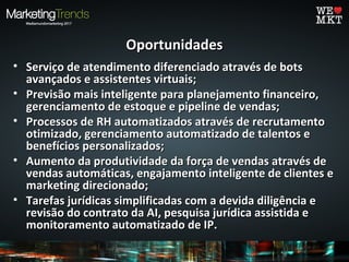 OportunidadesOportunidades
• Serviço de atendimento diferenciado através de botsServiço de atendimento diferenciado através de bots
avançados e assistentes virtuais;avançados e assistentes virtuais;
• Previsão mais inteligente para planejamento financeiro,Previsão mais inteligente para planejamento financeiro,
gerenciamento de estoque e pipeline de vendas;gerenciamento de estoque e pipeline de vendas;
• Processos de RH automatizados através de recrutamentoProcessos de RH automatizados através de recrutamento
otimizado, gerenciamento automatizado de talentos eotimizado, gerenciamento automatizado de talentos e
benefícios personalizados;benefícios personalizados;
• Aumento da produtividade da força de vendas através deAumento da produtividade da força de vendas através de
vendas automáticas, engajamento inteligente de clientes evendas automáticas, engajamento inteligente de clientes e
marketing direcionado;marketing direcionado;
• Tarefas jurídicas simplificadas com a devida diligência eTarefas jurídicas simplificadas com a devida diligência e
revisão do contrato da AI, pesquisa jurídica assistida erevisão do contrato da AI, pesquisa jurídica assistida e
monitoramento automatizado de IP.monitoramento automatizado de IP.
 