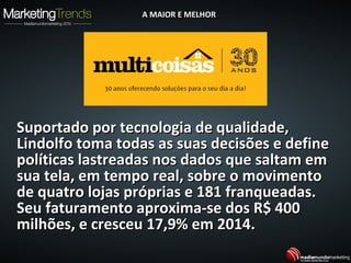 Suportado por tecnologia de qualidade,Suportado por tecnologia de qualidade,
Lindolfo toma todas as suas decisões e defineLindolfo toma todas as suas decisões e define
políticas lastreadas nos dados que saltam empolíticas lastreadas nos dados que saltam em
sua tela, em tempo real, sobre o movimentosua tela, em tempo real, sobre o movimento
de quatro lojas próprias e 181 franqueadas.de quatro lojas próprias e 181 franqueadas.
Seu faturamento aproxima-se dos R$ 400Seu faturamento aproxima-se dos R$ 400
milhões, e cresceu 17,9% em 2014.milhões, e cresceu 17,9% em 2014.
A MAIOR E MELHORA MAIOR E MELHOR
 