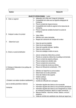 Gestion

D. Cibler un segment

Module 05
OBJECTIF OPERATIONNEL ( suite)
• Adéquation de la cible avec l’image de l’entreprise.
• Compatibilité de la cible avec les objectifs stratégiques de
l’entreprise.
• Prise en compte des risques encourus.
• Compatibilité entre la taille du segment et les ressources de
l’entreprise.
• Prise en compte des variables favorisant le succès de
l’entreprise.

E. Analyser la valeur d’un produit

F.

Déterminer le prix

G . Choisir un canal de distribution

H. Participer à l’élaboration d’une politique de
communication

•
•
•

Valeur offerte.
Définition de la valeur demandée.
Respect de la démarche de l’analyse de la valeur.

•
•
•
•
•

Calcul de seuil de rentabilité.
Calcul du prix psychologique
Calcul de la quantité minimale : bénéfice.
Calcul du coût du produit.
Choix de la stratégie à mettre en œuvre.

•
•
•
•
•
•
•

prise en compte des critères liés au produit.
Prendre en compte les critères liés à la politique commerciale.
Prise en compte des aspects juridiques.
Prise en compte de la clientèle visée.
Prise en compte de la concurrence.
Prise en compte des circuits eux-mêmes.
Mesure de l’efficacité de la distribution : TPC

•
•
•
•
•
I. Entretenir une relation durable et satisfaisante •

Définition de l’objectif de la communication
Détermination de la cible publicitaire.
Choix des médias et des supports.
Création publique.
Plan de compagne.
Contrôle de l’efficacité de la compagne.

avec la clientèle potentielle et réelle de

Information régulière des clients sur les nouveautés
Information régulière des clients sur les promotions périodiques
Information régulière des clients sur les changements au niveau
de l’entreprise (procédures, départ d’un agent commercial….)
Mesures initiatives : ristournes, remises, cadeaux, concours,
réceptions……
Visites de contrôle de la satisfaction des clients par rapport aux

l’entreprise

•
•
•
•
•

 