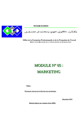 ROYAUME DU MAROC

Office de la Formation Professionnelle et de la Promotion du Travail
DIRECTION RECHERCHE ET INGENIERIE DE FORMATION

MODULE N° 05 :
MARKETING

Filière :
TECHNICIEN SPECIALISÉ EN GESTION DES ENTREPRISES

Décembre 2010
Module élaboré par madame Amiz AZIZA

 