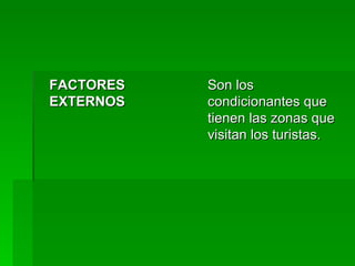 FACTORES EXTERNOS Son los condicionantes que tienen las zonas que visitan los turistas. 