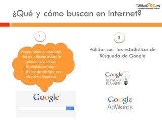 ¿Qué y cómo buscan en internet? 
Pensar como el potencial viajero /cliente buscaría información sobre: 
•El destino turístico 
•El tipo de servicio que ofrece mi empresa 
Validar con las estadísticas de Búsqueda de Google 
1 
2  