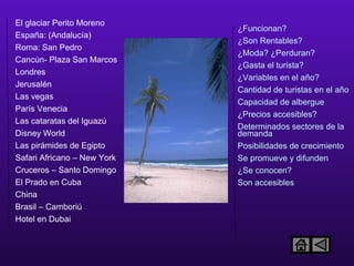 El glaciar Perito Moreno  España: (Andalucía) Roma: San Pedro Cancún- Plaza San Marcos Londres Jerusalén  Las vegas París Venecia Las cataratas del Iguazú Disney World Las pirámides de Egipto Safari Africano – New York Cruceros – Santo Domingo El Prado en Cuba China Brasil – Camboriú Hotel en Dubai  ¿Funcionan? ¿Son Rentables? ¿Moda? ¿Perduran? ¿Gasta el turista? ¿Variables en el año? Cantidad de turistas en el año Capacidad de albergue ¿Precios accesibles? Determinados sectores de la demanda Posibilidades de crecimiento Se promueve y difunden ¿Se conocen? Son accesibles 