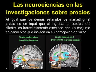 Las neurociencias en las
investigaciones sobre precios
Al igual que los demás estímulos de marketing, el
precio es un input que al ingresar al cerebro del
cliente, es inmediatamente asociado con un conjunto
de conceptos que inciden en su percepción de valor.
 