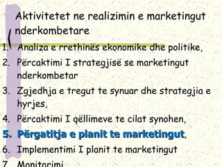 Aktivitetet ne realizimin e marketingut nderkombetare Analiza e rrethinës ekonomike dhe politike, Përcaktimi I strategjisë se marketingut nderkombetar Zgjedhja e tregut te synuar dhe strategjia e hyrjes, Përcaktimi I qëllimeve te cilat synohen, Përgatitja e planit te marketingut , Implementimi I planit te marketingut Monitorimi 
